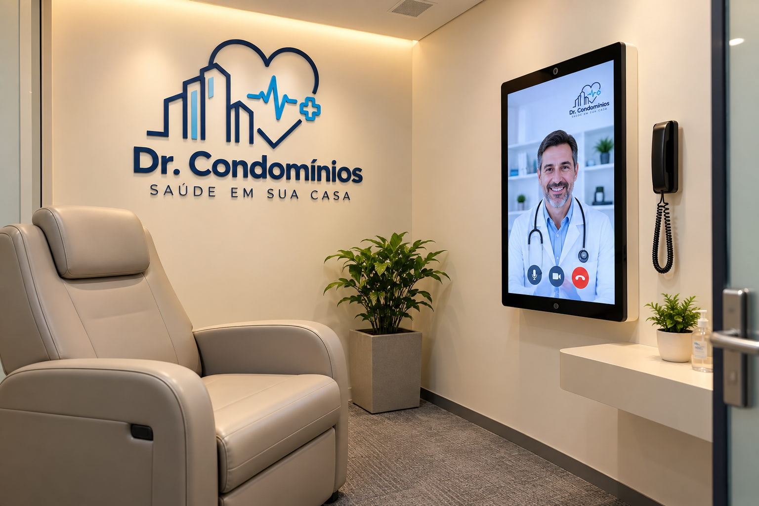 Sala de Teleconsulta Dr. Condomínios montada dentro de um condomínio, com tela de atendimento e marca na parede