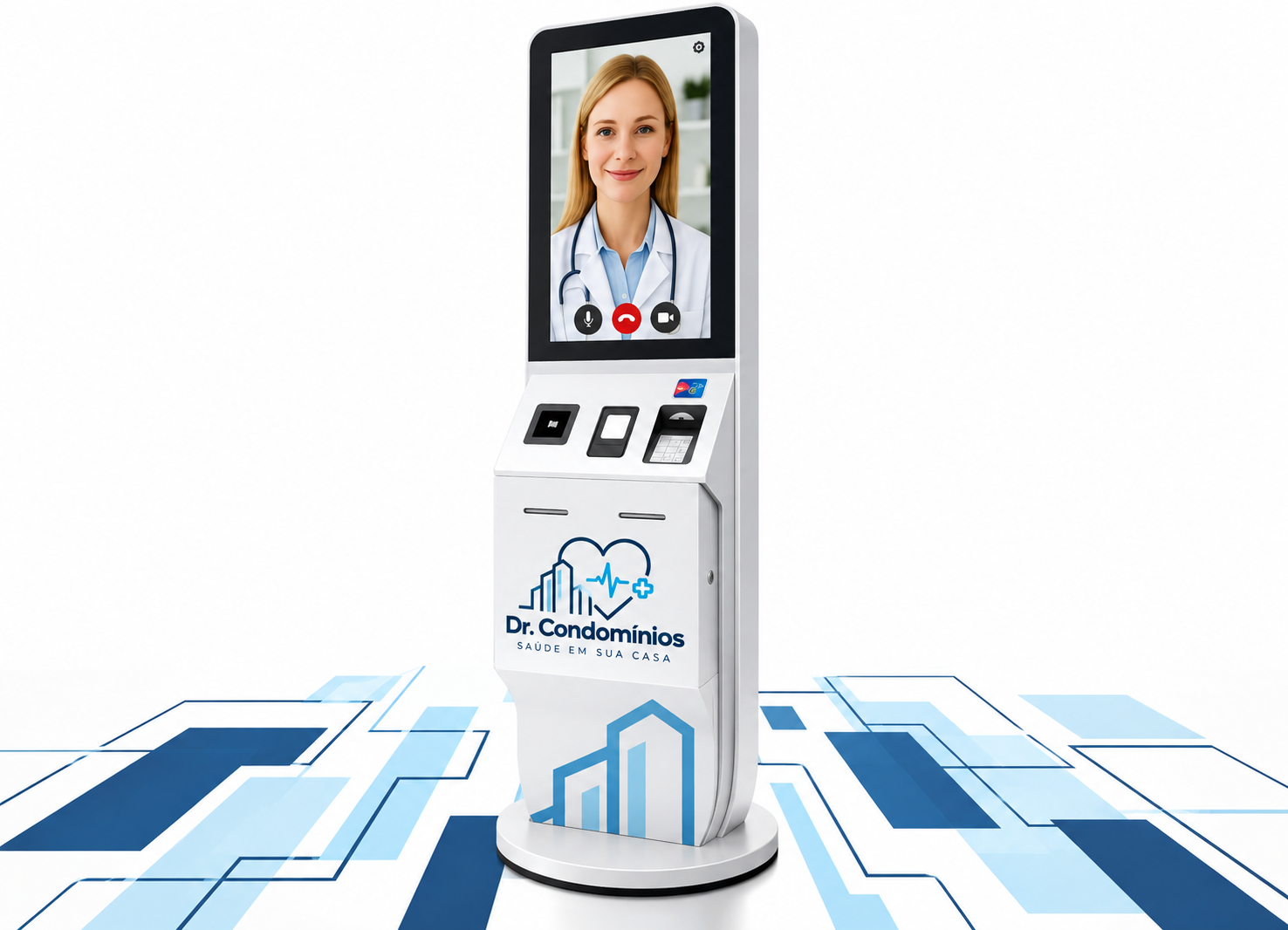 Totem de telemedicina Dr. Condomínios com tela de videochamada, leitor de cartão, leitor de QR code e impressora