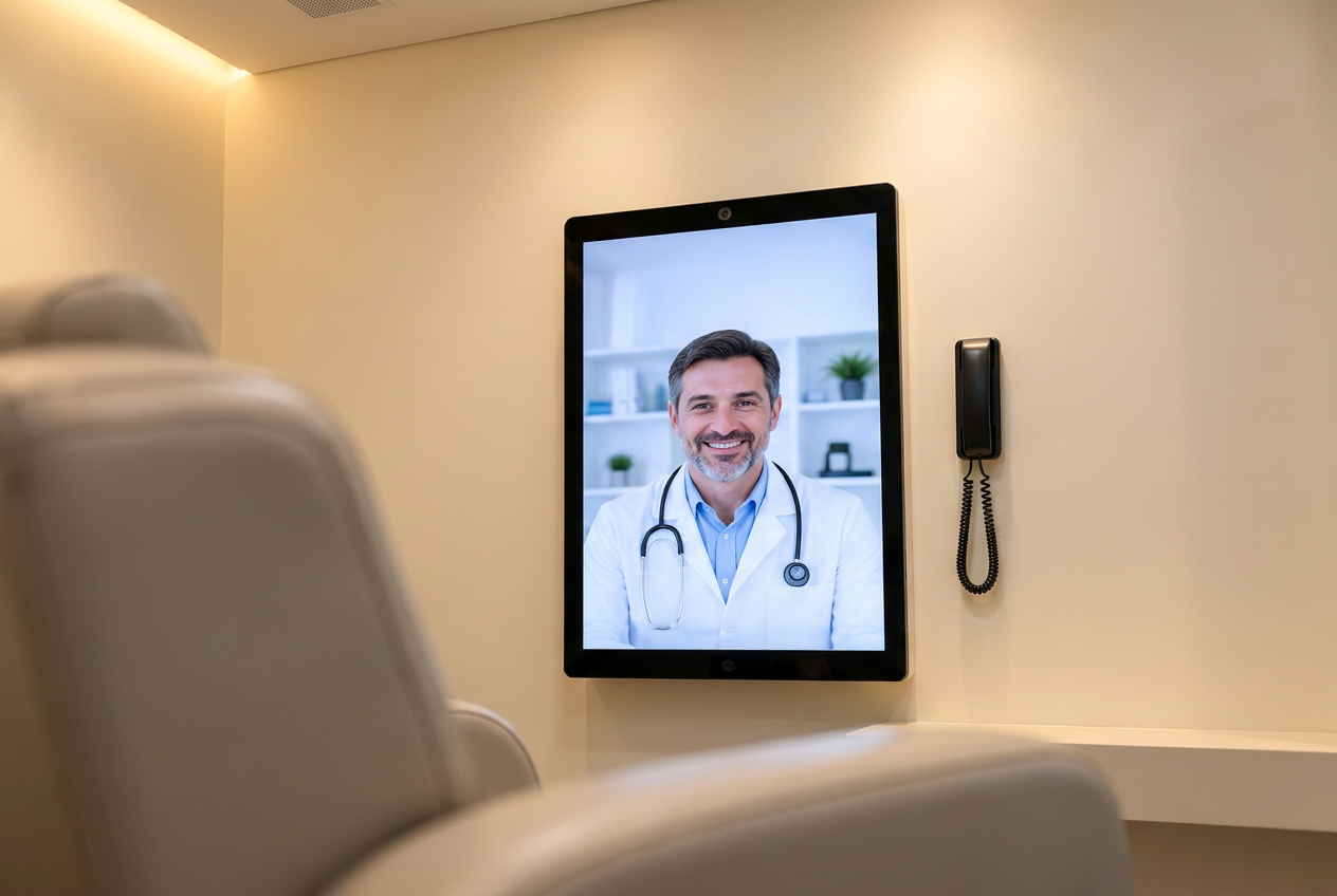 Médico em teleconsulta na tela instalada na sala reservada do condomínio
